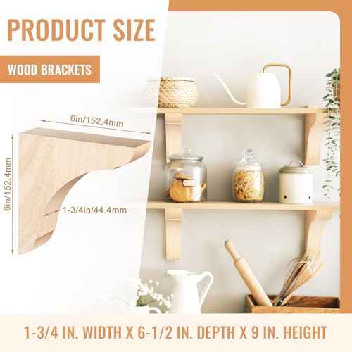 8 Pcs Wood Corbels Wooden Shelf Brackets 1.75'' W x 6'' D x 6'' H Unfinished Paintable Bracket with Hanging Hook for Doorway Countertop Kitchen Cabinet Book Shelves, Rubber Wood