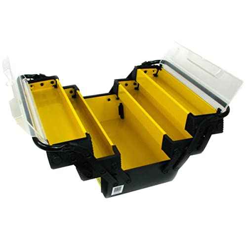 Portable Tool Box - Storage Compartments for Tools, Parts, Crafting Supplies or Tackle by Stalwart - Cantilever Toolbox, 18"L x 11.8"W x 8.25"H, Black/Yellow