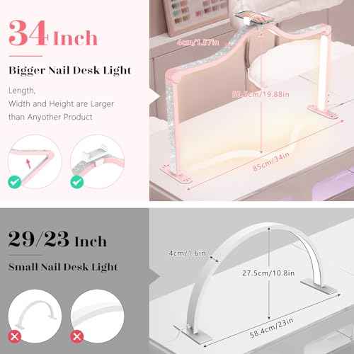 Yokilly Arc Half Moon Light: 34" Shadow-Free Half Moon Light for Desk Salon - Foldable LED Desk Lamp with Stepless Brightness for Manicurist (Pink)