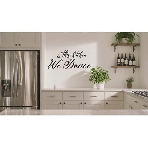 Funny Kitchen Quotes Vinyl Wall Decal,in This Kitchen We Dance Humor Removable Wall Sticker for Dining Room Kitchenware Restaurant Coffee Shop Station Farmhouse Decor