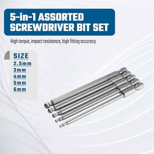 Ball End Hex Head Metric Allen Wrench Screwdriver Bit Set 5PCS 2.5mm 3mm 4mm 5mm 6mm 1/4 Inch Hex Shank 4 Inch/100 mm Length S2 Steel with Magnetic for Power Screwdriver Drill Impact Driver