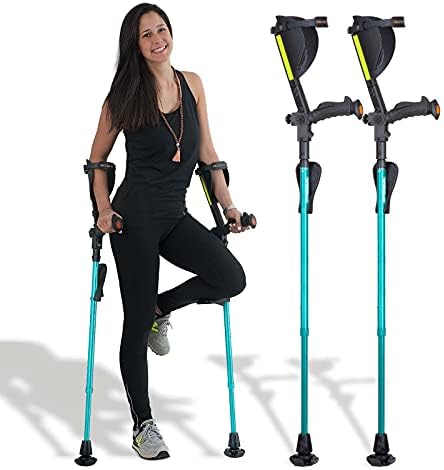 Ergobaum 7G by Ergoactives. 1 Pair (2 Units) of Ergonomic Forearm Crutches - Adult 5' - 6'6'' Adjustable, Foldable, Ergonomic, Shock Absorber, Non-Slip, Knee-Rest Platforms, LED Lights (Aqua Blue)