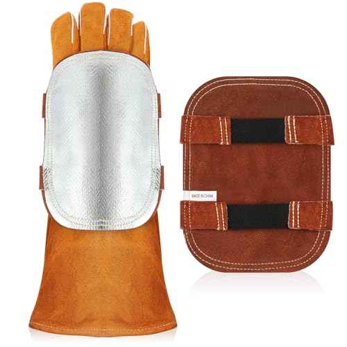 2 Pcs Hand Heat Shield, Welding Hand Pad, Aluminized Back Guard Flux Reflective Layered Split Cowhide Leather Gloves Supplies for Industrial Boiler Cutting, Metal Smelting, Welding