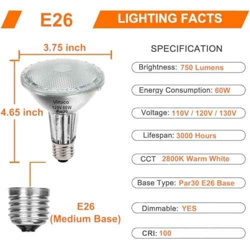 Vinaco PAR30 Long Neck 60W, 6 Pack Long Lasting PAR30 Halogen Flood Light Warm White 2800K, PAR30 Dimmable, High Output Flood Light Bulb 120V with E26 Base for Indoor/Outdoor