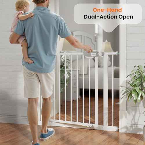 Auto-Close Baby Gate for Stairs & Doorways Dog Gate - Adjustable Steel Safety Gate with Dual Lock, Fits 29"-33" Wide, Pressure Mount No Drilling (White, 30-33" W x 30" H)