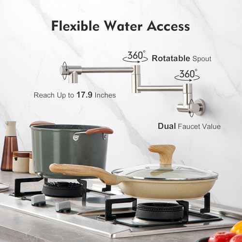 Pot Filler Faucet with Knob Switch, Wall Mount Over Stove Folding Faucet, Single Hole Stainless Steel Kitchen Pot Faucets, Brushed Stainless