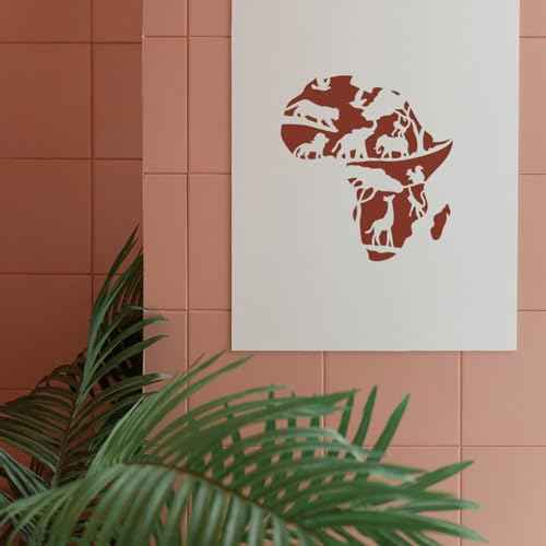 INFUNLY Africa Map Wall Stencil Africa Animals Wall Stencils for Painting 11.8X11.8 inches Reusable Africa Map Tile Stencil with Animals Pattern Elephant Lion Forest Drawing Stencils for Home Decor