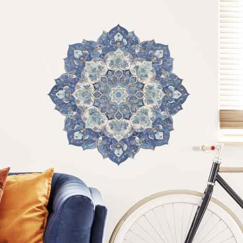 Zen Blue Floral Mandala Wall Decals Removable Boho Vinyl Stickers for Meditation Living Room and Yoga Space Floral Decor Peel and Stick Wall Art