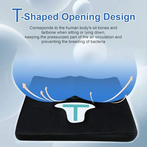 Bed Sore Cushions for Butt, Breathe Freely Fiber Bedsore Pressure Relief Pillow, T Shaped Opening Triangular Slope Design, Anti Decubitus Cushion for Elderly, Bedridden, Disabled (with Black Cover)