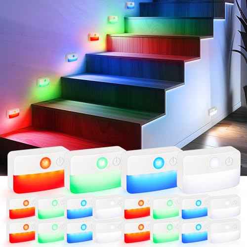 16 Pack Motion Sensor Stair Lights for Indoor, Wireless RGB Battery Operated Night Light, Led Stick On Hallway Closet Under Cabinet Stairway Automatic Lamp for Bedroom Kitchen Bathroom
