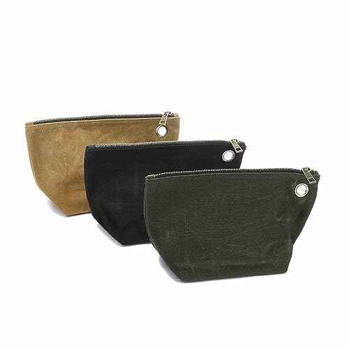 Heavy Duty 16oz Waxed Canvas Tool Storage Bags, Standable One-Piece Tool Organization Pouch - 3 Pack Pouches with Brass Zipper & Grommet (Small)