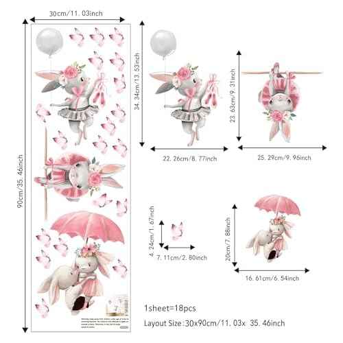 Cute Pink Bunny Butterfly Wall Stickers, sacinora Little Rabbit Cartoon Animal DIY Wall Decal Removable Vinyl Peel and Stick for Kids Baby Girl Nursery Bedroom Toddler Room Kindergarten Art Decoration