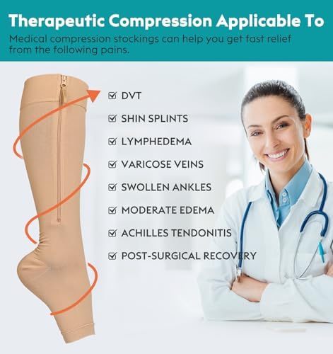 NURCOM Zipper Copper Compression Socks Open Toe Beige 15-20 mmHg Knee High Stockings, Designed for Circulation, Varicose Veins, Swelling, Venous Insufficiency, Post-Operative Recovery, 4X-Large