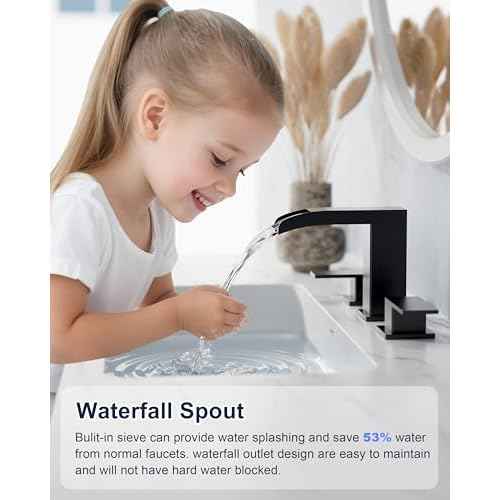 Bathroom Sink Faucet 3 Hole, Matte Black Waterfall Bathroom Faucets, 8 Inch Widespread Bathroom Faucet with Pop-up Drain and Supply Lines, Two Handles Faucets for Vanity, Lavatory, Restroom, RV