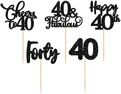 30 Pack Happy 40th Birthday Cupcake Toppers - Black Glitter Forty Cheers to 40 Years Old Cupcake Picks for Anniversary Party Cake Decorations
