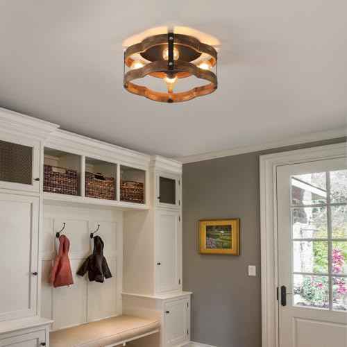 4-Light Rustic Farmhouse Wood Flush Mount Ceiling Light Fixture 14.17 inch Oak Wood and Metal Cloud Cage Semi Flush Mount Ceiling Light for Hallway Hall Entry Bedroom Farmhouse Indoor, Black