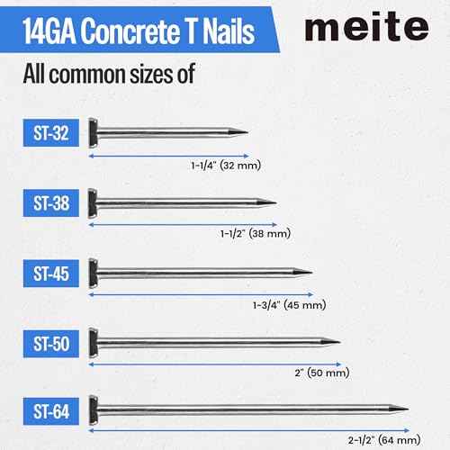 meite 14 Gauge Concrete Nails 400PCS 1-1/4" Length T Nails for Concrete Nailer Galvanized Rust-Proof T-Nails for Pneumatic Nail Gun Furring Strips