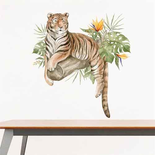Lazy Tiger Tropical Greenery Wall Stickers, sacinora Wild Jungle Animal Wall Decals Removable Vinyl Peel and Stick for Living Room Bedroom Nursery Kids Room Art Decorations