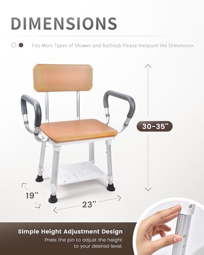 Sangohe Shower Chair for Inside Shower, Shower Chair with Wood Seat Board and Back, Height Adjustable Shower Chair for Elderly and Disabled, 400 lbs Heavy Duty Shower Seat for Seniors, 796D-A