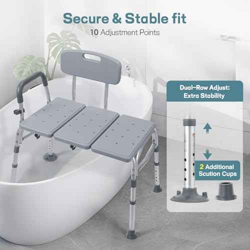 TABEKE Tub Transfer Bench for Bathtub, 500lb Shower Chair with Backrest & Armrest, Height Adjustable Shower Bench, Tool Free Assembly Shower Seat for Elderly and Disabled-Gray