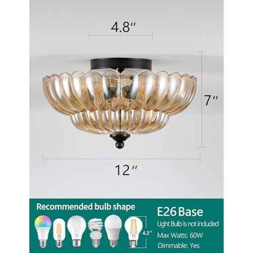 Semi Flush Mount Ceiling Light, Amber Glass Ceiling Light Fixture, 3-Bulb Modern Black Close to Ceiling Light, Vintage Glass Ceiling Lights for Bedroom Kitchen Living Room, Bulb Not Included
