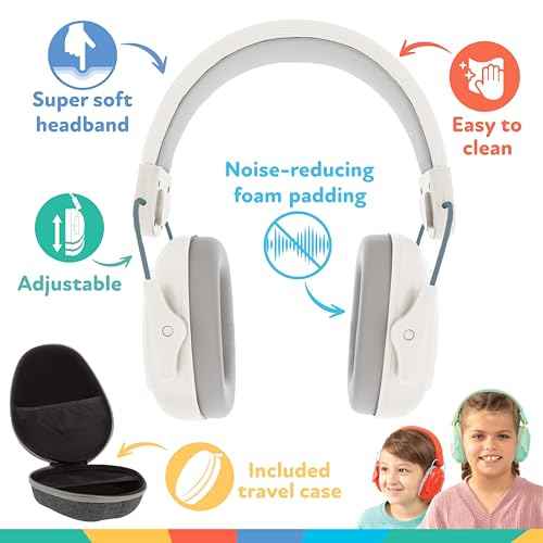 Nuby Soft Sounds Noise-Canceling Earmuffs with Travel Case - Hearing Protection for Kids and Teens - Adjustable Headband - Super Soft Padding - White
