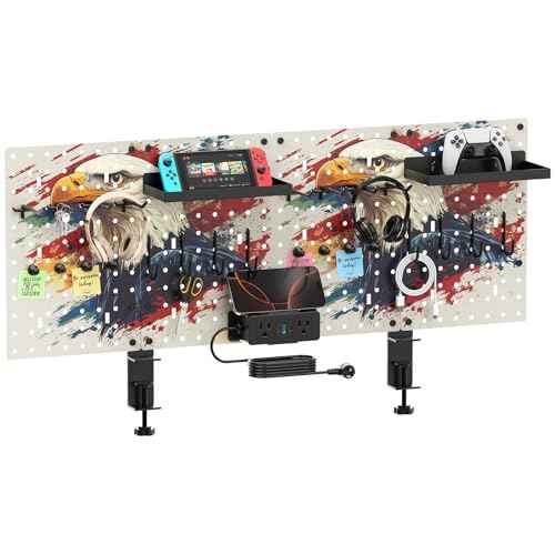 CCCEI Modular Pegboard Desk Organizer and Storage, Gaming Office Supplies Shelf Accessories with Outlets and USB, Metal Privacy Panels Peg board Deco Clamp on Table, Gifts for Men, 10FT.