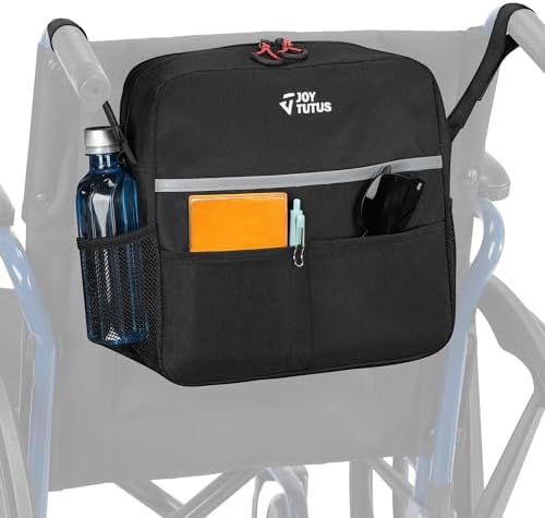 JOYTUTUS Wheelchair Backpack, Wheelchair Bag with Cup Holder, Wheelchair Accessories Bag with Reflective Stripe and Shoulder Strap for Rollator Wheelchair (11 * 11 * 3.74 in)