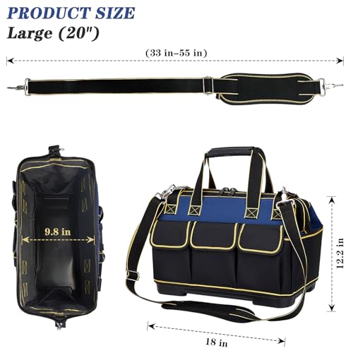 20 Inch Heavy duty tool bag, multifunctional tool bag organizer, waterproof and wear-resistant base with large double zipper and adjustable shoulder strap, gift for Father's Day and Men,blue