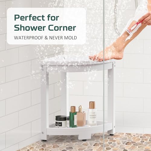 Corner Shower Stool for Inside Shower, HIPS Waterproof Shower Bench Seat Chair, Plastic Bath Shower Stool for Shaving Legs Foot Rest with Storage Shelf, Adjustable & Non-Slip Feet, White
