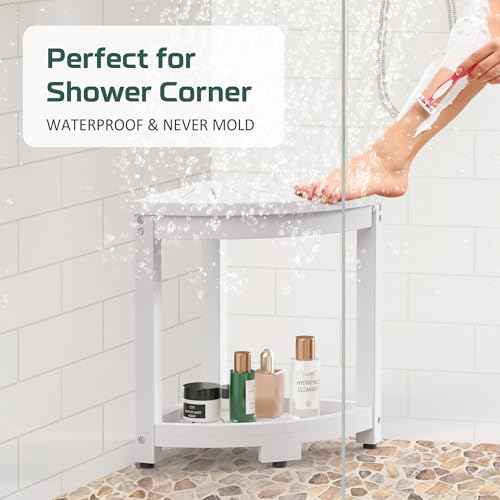 Corner Shower Stool for Inside Shower, HIPS Waterproof Shower Bench Seat Chair, Plastic Bath Shower Stool for Shaving Legs Foot Rest with Storage Shelf, Adjustable & Non-Slip Feet, White
