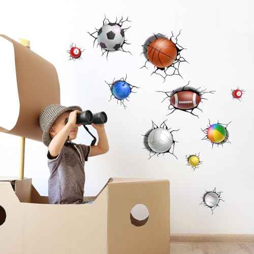 Runtoo 3D Sports Wall Decals Basketball Baseball Football Break Through Wall Stickers Kids Baby Boys Nursery Playroom Classroom Home Decor