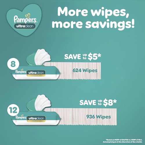 Pampers Ultra Clean Baby Wipes (Previously 'Free & Gentle'), 99% Water, Hypoallergenic, Unscented, 100% Plant Based, Plastic-Free, 624 Baby Wipes Total (8X Flip-Top Packs) [Packaging May Vary]
