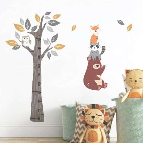 Yovkky Kids Height Chart Wall Decals Stickers, Woodland Animals Tree Toddler Baby Growth Measurement Nursery Decor, Forest Bear Raccoon Fox Owl Leaves Home Decorations Bedroom Playroom Art