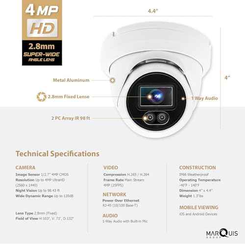 Marquis 4MP PoE IP Turret Dome Camera with Microphone/Audio, IP Security Camera Outdoor Rated, Waterproof IP66, 108¡Æ Wide Angle 2.8mm Lens (Regular IR)