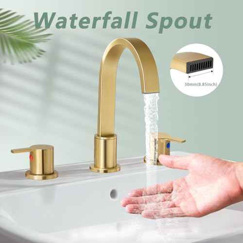 Gold Bathroom Faucet 3 Hole, Widespread Bathroom Faucet Brushed Gold, 360¡Æ Swivel High-Arc Spout 2-Handles 8 Inch Faucets with Water Hoses and Drain for Sink RV Bath Vanity Lavatory, VAL088GRH
