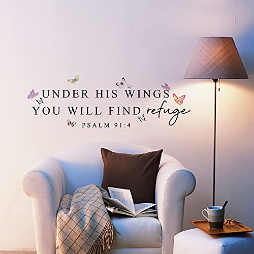 Inspirational Quotes Vinyl Wall Decal Stickers Under his Wings You Will find Refuge - Psalm 91:4, for Bedroom, Living Room, Motivational Uplifting Quotes Vinyl Decal (27''¡¿10.6'')