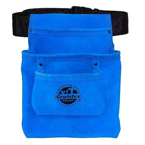 GRAINTEX SS2133 3 Pocket Nail & Tool Pouch Blue Color Suede Leather with 2¡± Webbing Belt for Constructors, Electricians, Plumbers, Handymen