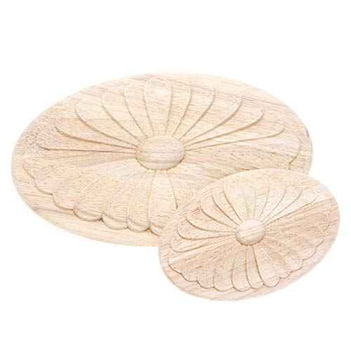 MUXSAM 1Pc Simple Unpainted Solid Wood Carved Oval Flower Pattern Door Central Applique Onlay Decal for Furniture 14.5x10cm