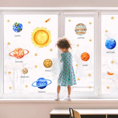 HLNIUC Solar System Wall Sticker Peel and Stick 35¡±x12¡±Kids Space Planets Wall Decal Science Education Window Clings Planet Starry Sky Self Adhesive Room Stickers Outer Space Room Decals for Classroom