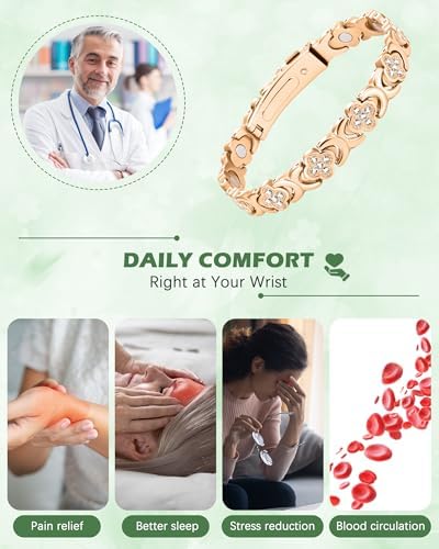 Jeracol Copper Bracelets for Women, Ultra Strength Magnetic Bracelets with 3800 Gauss Magnets & Sparkling Cubic Zirconia, Pure Copper Clover Jewelry with Ring