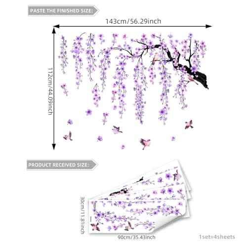 Lilac Wall Decoration Large Cherry Blossom Tree Wall Stickers,4 Sheets Spring Purple Flower Bird Wall Decals Peel and Stick Wall Murals Decor for Living Room Bedroom (Purple, 11.8 * 35.4inch)