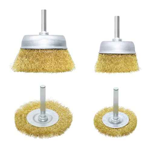 4 Pcs Brass Wire Wheel Brush Set for Drill,Brass Wire Cup Wheel with 1/4 Inch Shank for Rust Removal, Corrosion and Scrub Surfaces