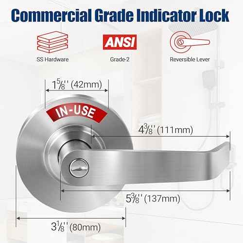 Commercial Door Handle for Restroom, Vacant Occupied Bathroom Lock, Occupied Door Handle, Privacy Indicator Door knob for Public & Industrial Buildings (Satin Chrome)