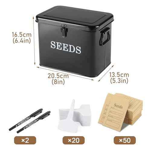 Seed Storage Organizer, T-Shape Compartment Seed Box with Safety Lock, Metal Seed Saving Box, Portable Seed Bin Container with Handle, Including 2 Pens 20 Plant Labels 50 Seed Envelopes-Black