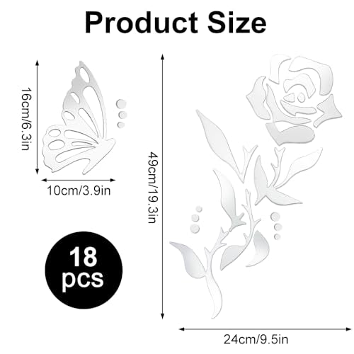 1 Set 3D Rose Mirror Wall Stickers, Acrylic Adhesive Removable Silver Wall Decor, Family Floral Art Mirror Decals Peel and Stick for Bathroom Home Living Room TV Background Sofa Backdrop Bedroom