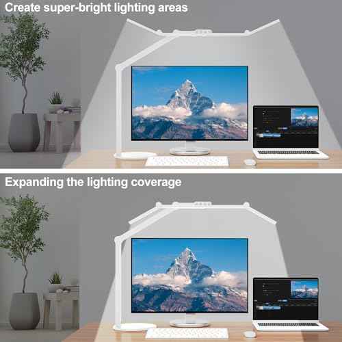 Micomlan Led Desk Lamp with Atmosphere Lighting, Rotatable Tall Architect Desk Lamp for Home Office with Swing Arm, 24W Bright Auto Dimming Adjustable Computer Light with Base for Table