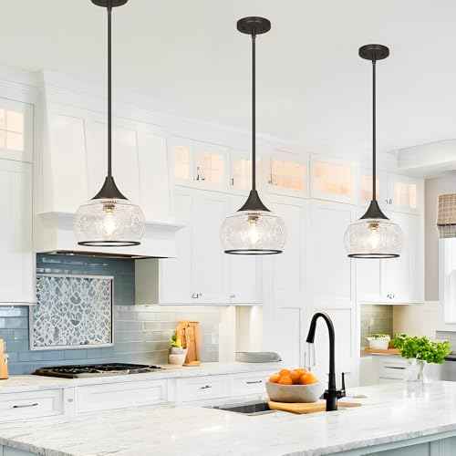 Black Pendant Light - Modern Pendant Lights Kitchen Island with Handblown Glass, Vintage Hanging Light for Kitchen with Adjustable Height, Lithging Fixture for Dining Room Sink