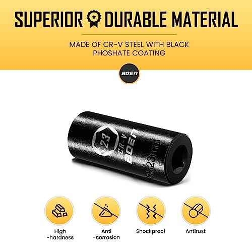 BOEN 1/2" Drive Deep Impact Sockets, Premium Impact Socket, 23mm Socket, Metric, 6 Point, Cr-V Steel with Laser Marking - Strong and Durable