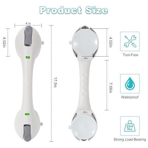 Indicator Grab Bars for Bathtubs and Showers, No-Tool Installation Removable Suction Cup Handrails ? Ideal Bathroom Safety for Seniors, Pregnant Women, and Disabled, White and Gray (2-Pack)
